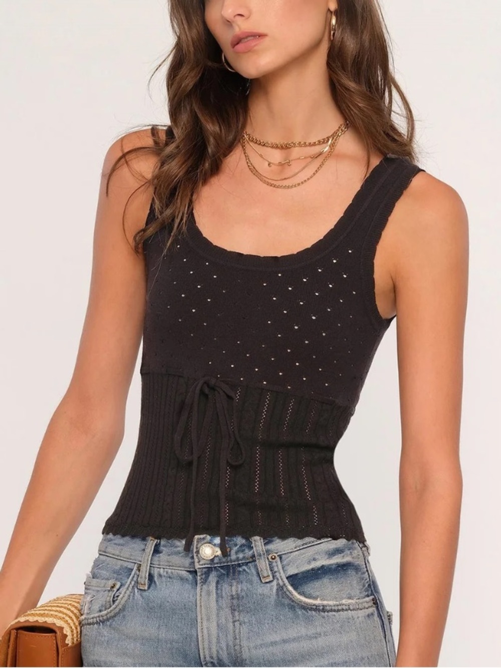 Heartloom Rica Black Eyelet Drawstring Knit Tank NWT Size XS